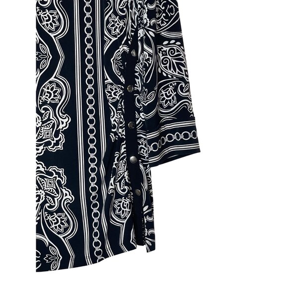 JM collection 3/4 Sleeve Black White Tunic Dress Buttons Ruching Glitzy Size L - Picture 2 of 15
